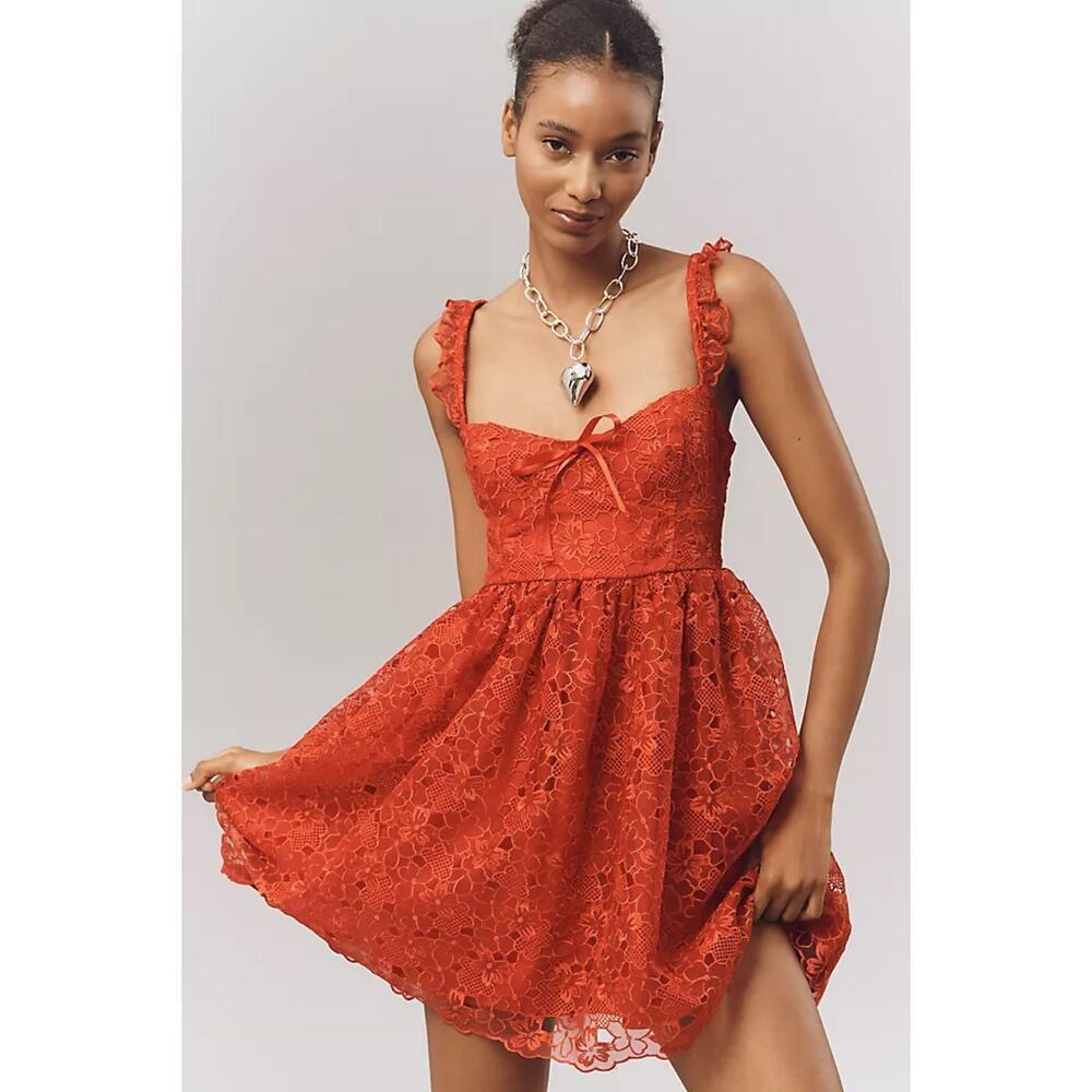 NWT Anthropologie Red Lace Corset Fit Flare Mini Dress Size M
